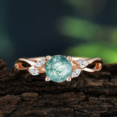 1 Carat Round Moss Agate Promise Ring Natural Vine-Inspired Design